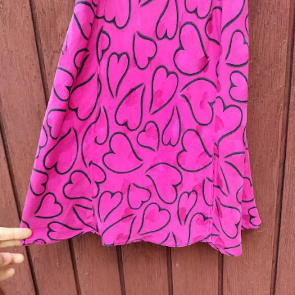 LAURA LEIGH | Hot Pink Silk Slip Dress Hearts Print 90S Y2K Nightie Dress M